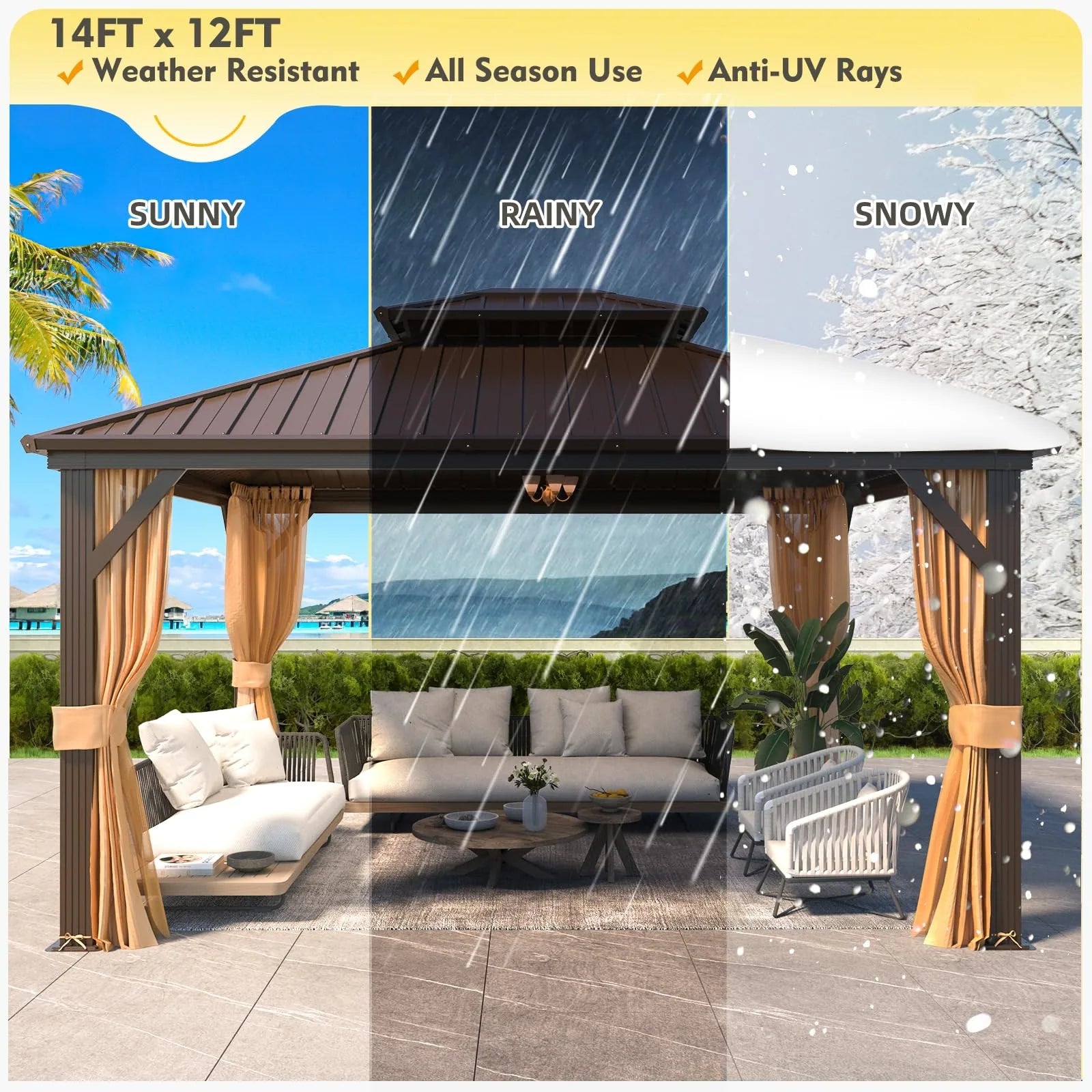 Outdoor Hardtop Gazebo with Galvanized Steel Double Roof & Aluminum Frame, Outdoor Pergola with Premium Curtains and Nettings