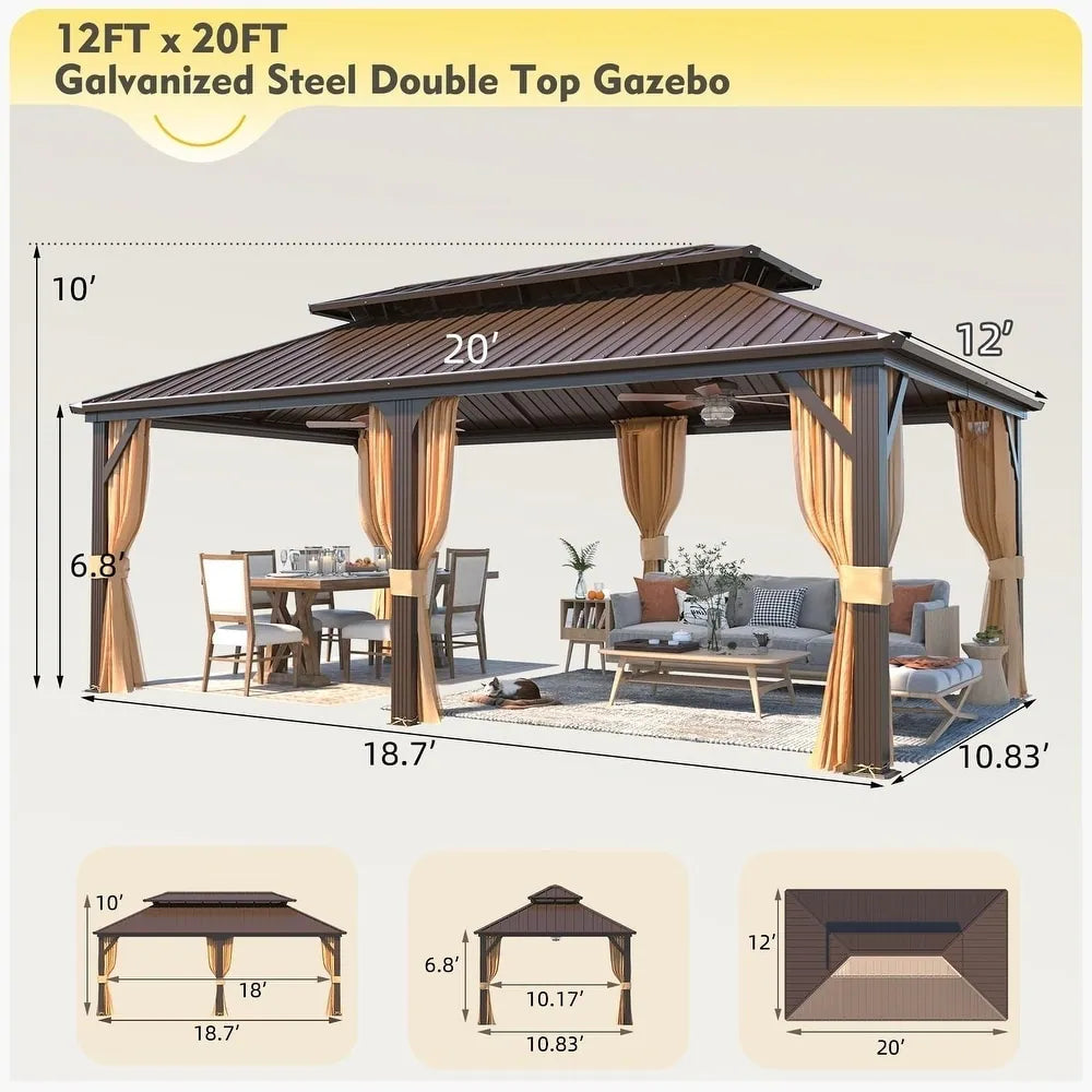 Outdoor Hardtop Gazebo with Galvanized Steel Double Roof & Aluminum Frame, Outdoor Pergola with Premium Curtains and Nettings