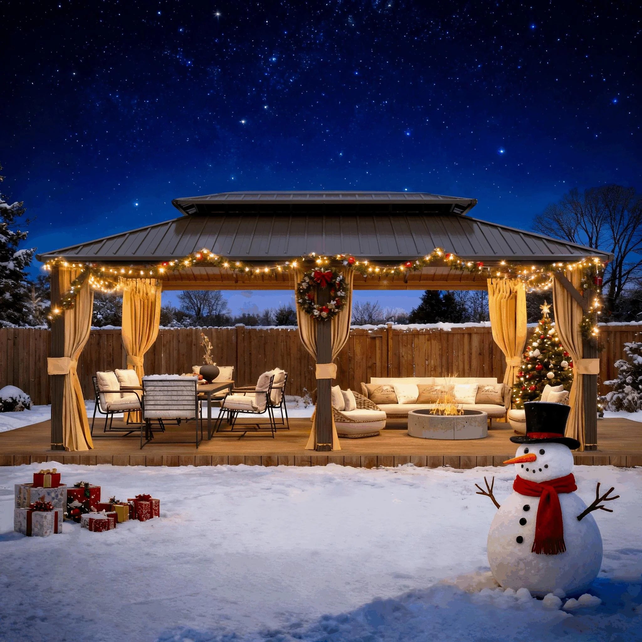 Outdoor Hardtop Gazebo with Galvanized Steel Double Roof & Aluminum Frame, Outdoor Pergola with Premium Curtains and Nettings