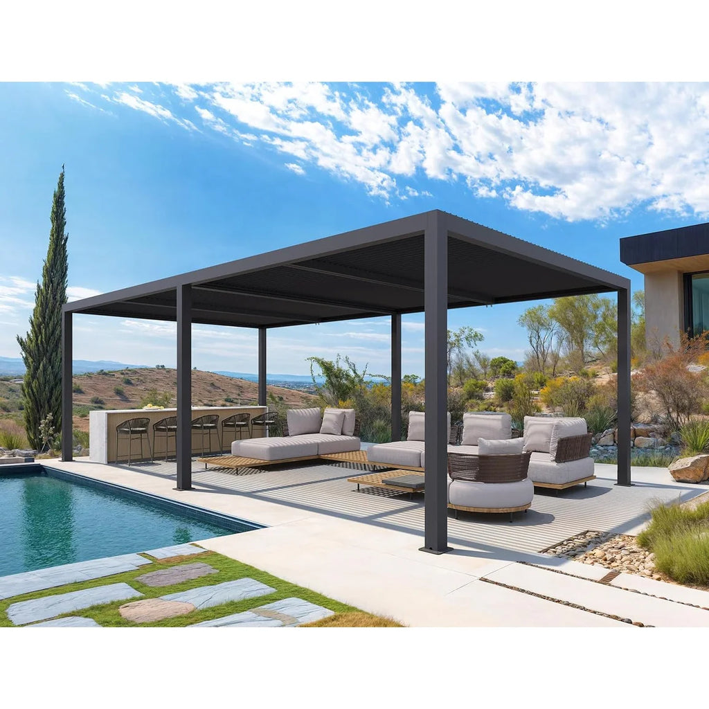 Gray Louvered Pergola Outdoor Aluminum Pergola with Adjustable Roof for Patio Gray Hardtop Gazebo