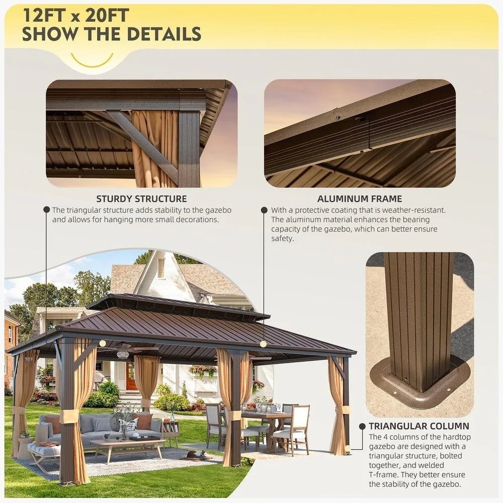 Outdoor Hardtop Gazebo with Galvanized Steel Double Roof & Aluminum Frame, Outdoor Pergola with Premium Curtains and Nettings
