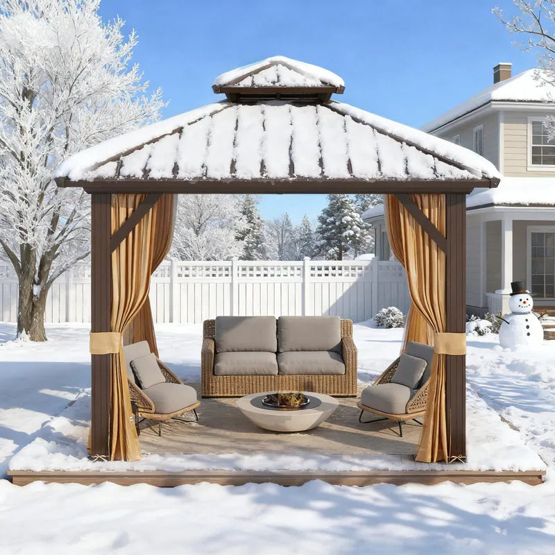 Outdoor Hardtop Gazebo with Galvanized Steel Double Roof & Aluminum Frame, Outdoor Pergola with Premium Curtains and Nettings
