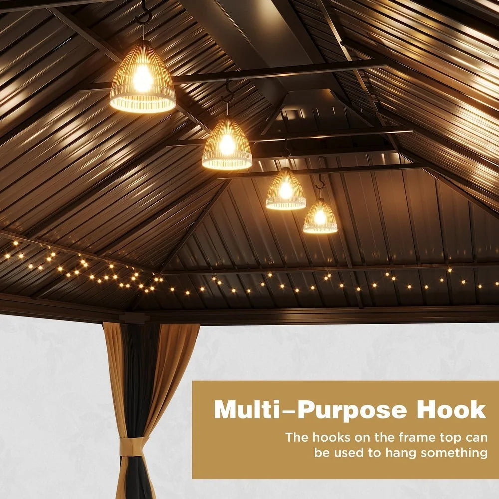 Outdoor Hardtop Gazebo with Galvanized Steel Double Roof & Aluminum Frame, Outdoor Pergola with Premium Curtains and Nettings