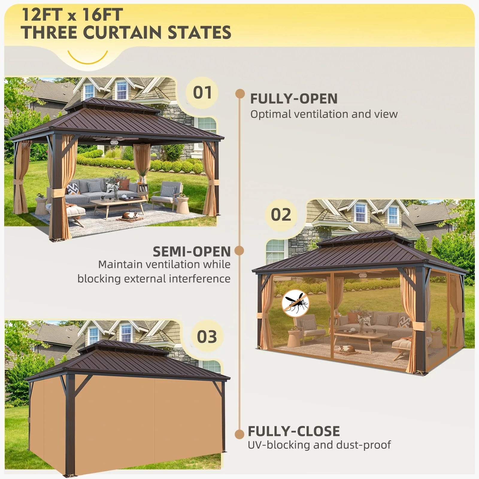 Outdoor Hardtop Gazebo with Galvanized Steel Double Roof & Aluminum Frame, Outdoor Pergola with Premium Curtains and Nettings