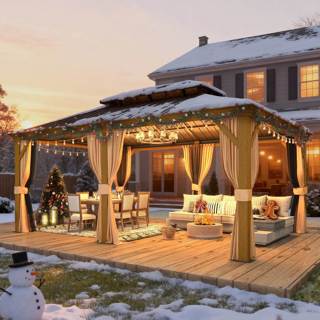 Outdoor Hardtop Gazebo with Galvanized Steel Double Roof & Aluminum Frame, Outdoor Pergola with Premium Curtains and Nettings