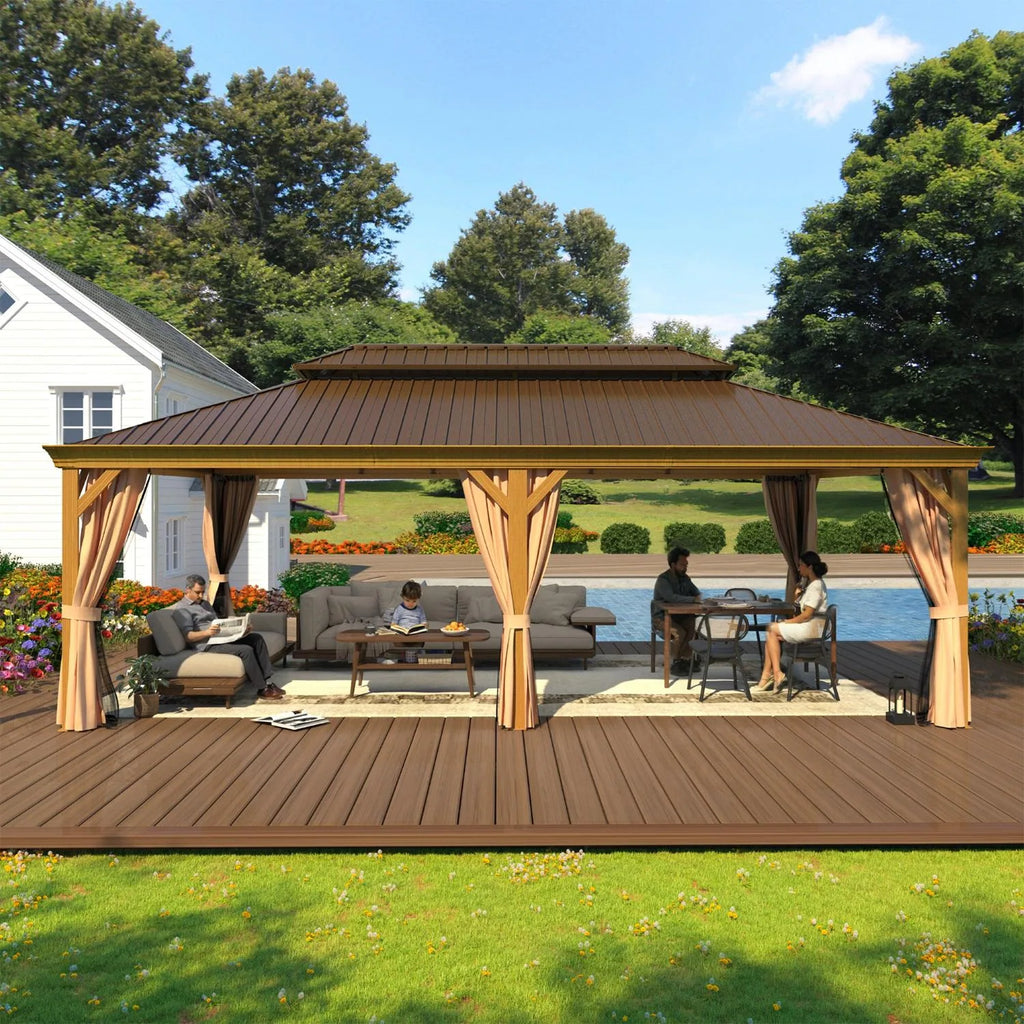 Outdoor Hardtop Gazebo with Galvanized Steel Double Roof & Aluminum Frame, Outdoor Pergola with Premium Curtains and Nettings