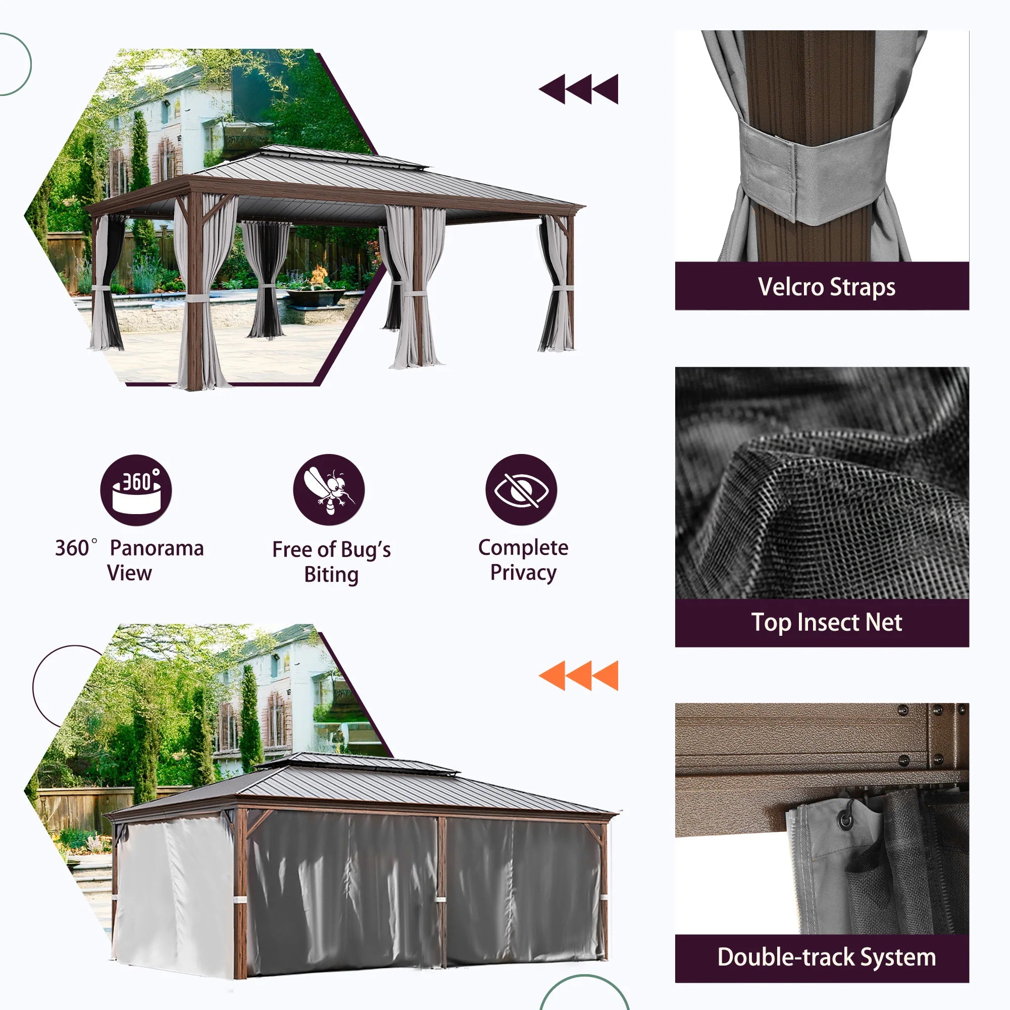 Outdoor Hardtop Gazebo with Galvanized Steel Double Roof & Aluminum Frame, Outdoor Pergola with Premium Curtains and Nettings