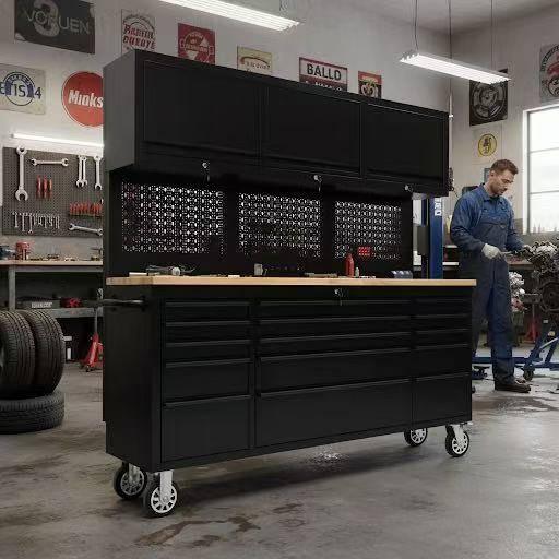 72 inch Rolling Tool Chest with Power Strip, Workbench, Upper Cabinets & Pegboard
