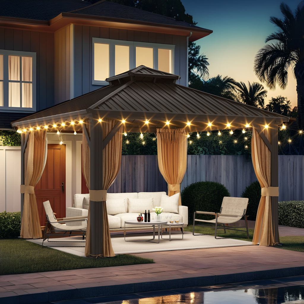 Outdoor Hardtop Gazebo with Galvanized Steel Double Roof & Aluminum Frame, Outdoor Pergola with Premium Curtains and Nettings