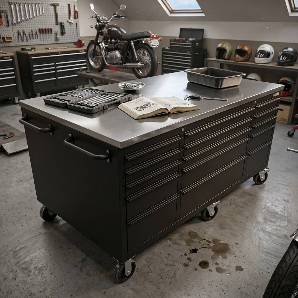 Large Steel 71" Garage Island Workbench – Stainless Steel Top