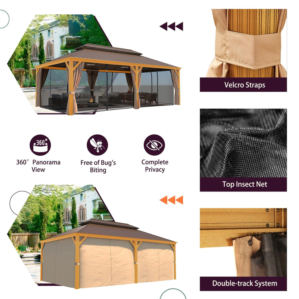 Outdoor Hardtop Gazebo with Galvanized Steel Double Roof & Aluminum Frame, Outdoor Pergola with Premium Curtains and Nettings