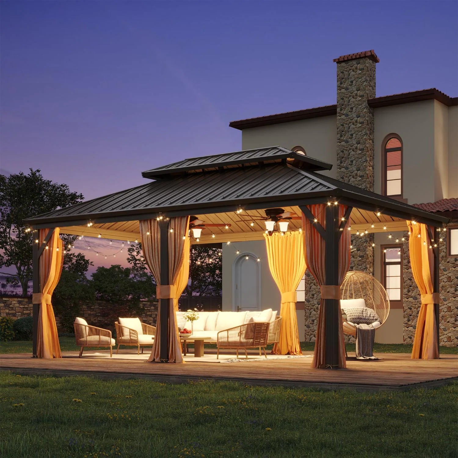 Outdoor Hardtop Gazebo with Galvanized Steel Double Roof & Aluminum Frame, Outdoor Pergola with Premium Curtains and Nettings