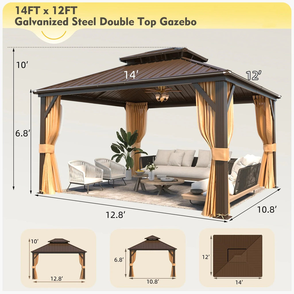 Outdoor Hardtop Gazebo with Galvanized Steel Double Roof & Aluminum Frame, Outdoor Pergola with Premium Curtains and Nettings