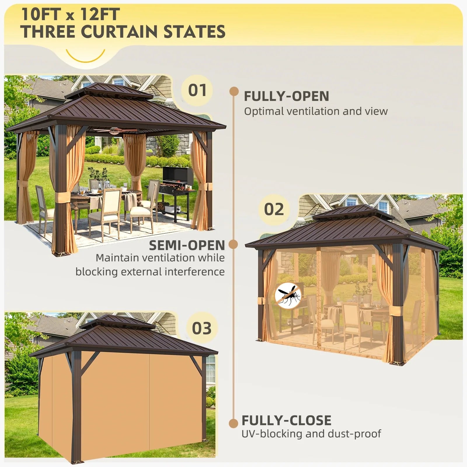 Outdoor Hardtop Gazebo with Galvanized Steel Double Roof & Aluminum Frame, Outdoor Pergola with Premium Curtains and Nettings