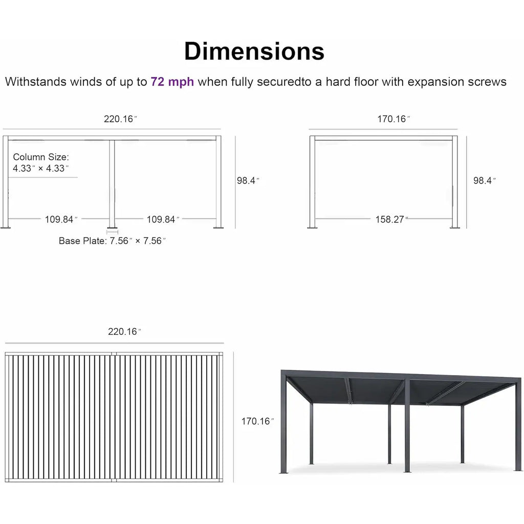 Gray Louvered Pergola Outdoor Aluminum Pergola with Adjustable Roof for Patio Gray Hardtop Gazebo