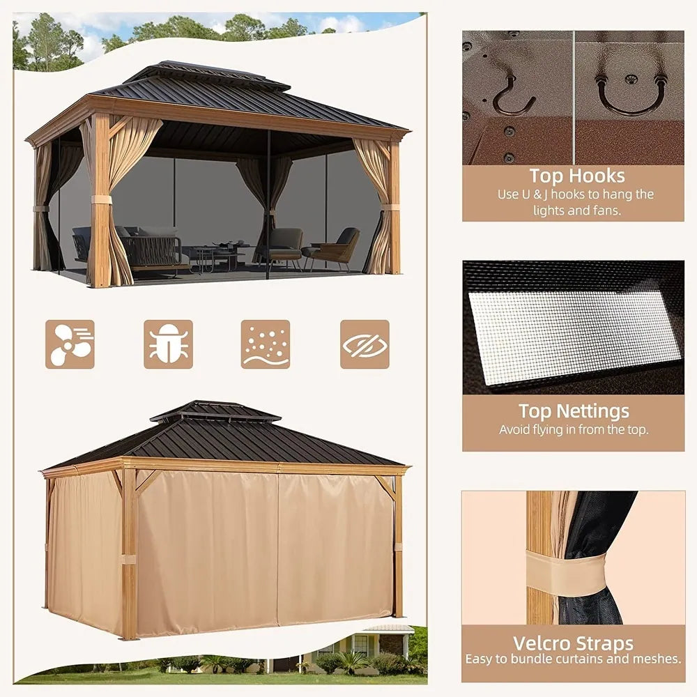 Outdoor Hardtop Gazebo with Galvanized Steel Double Roof & Aluminum Frame, Outdoor Pergola with Premium Curtains and Nettings