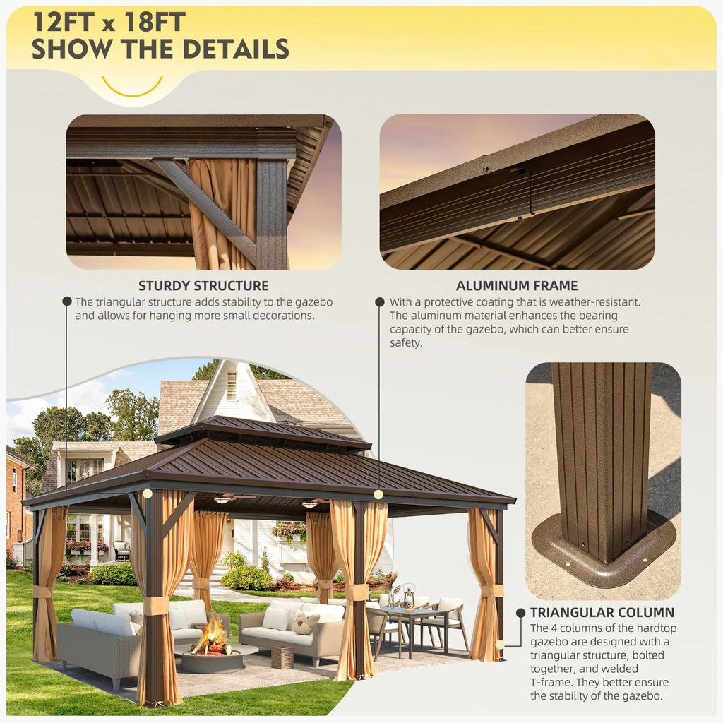 Outdoor Hardtop Gazebo with Galvanized Steel Double Roof & Aluminum Frame, Outdoor Pergola with Premium Curtains and Nettings