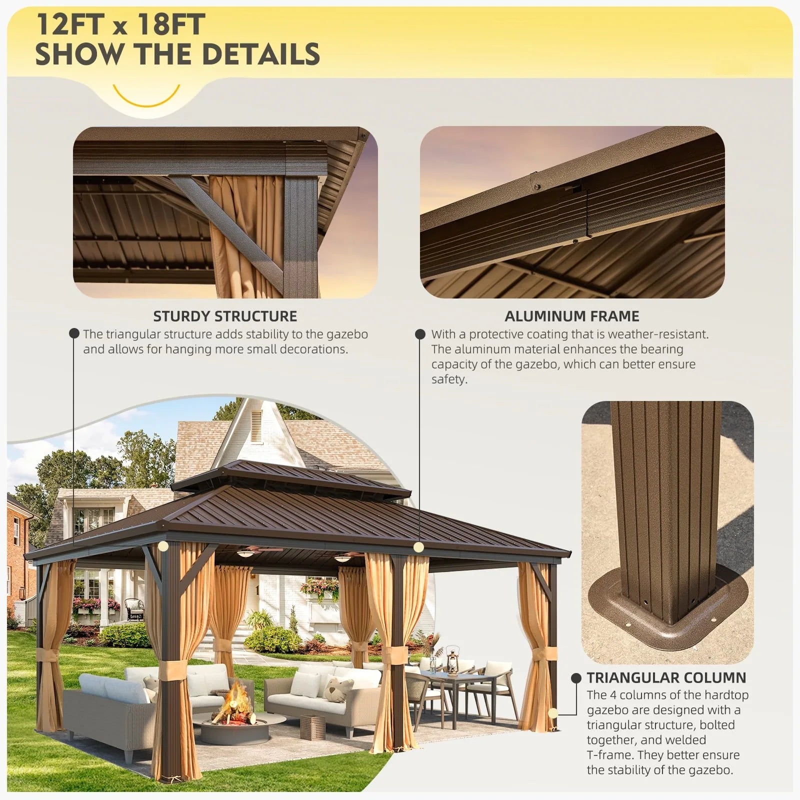 Outdoor Hardtop Gazebo with Galvanized Steel Double Roof & Aluminum Frame, Outdoor Pergola with Premium Curtains and Nettings