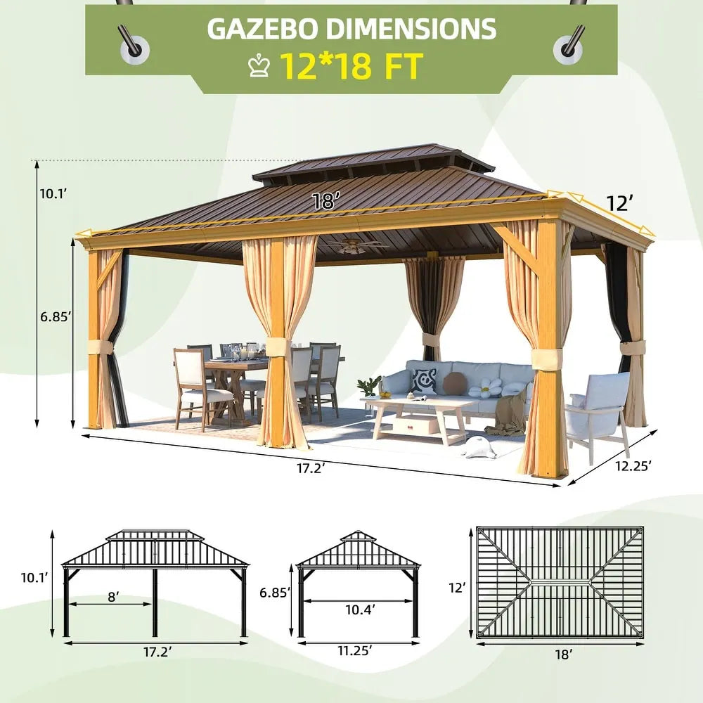 Outdoor Hardtop Gazebo with Galvanized Steel Double Roof & Aluminum Frame, Outdoor Pergola with Premium Curtains and Nettings