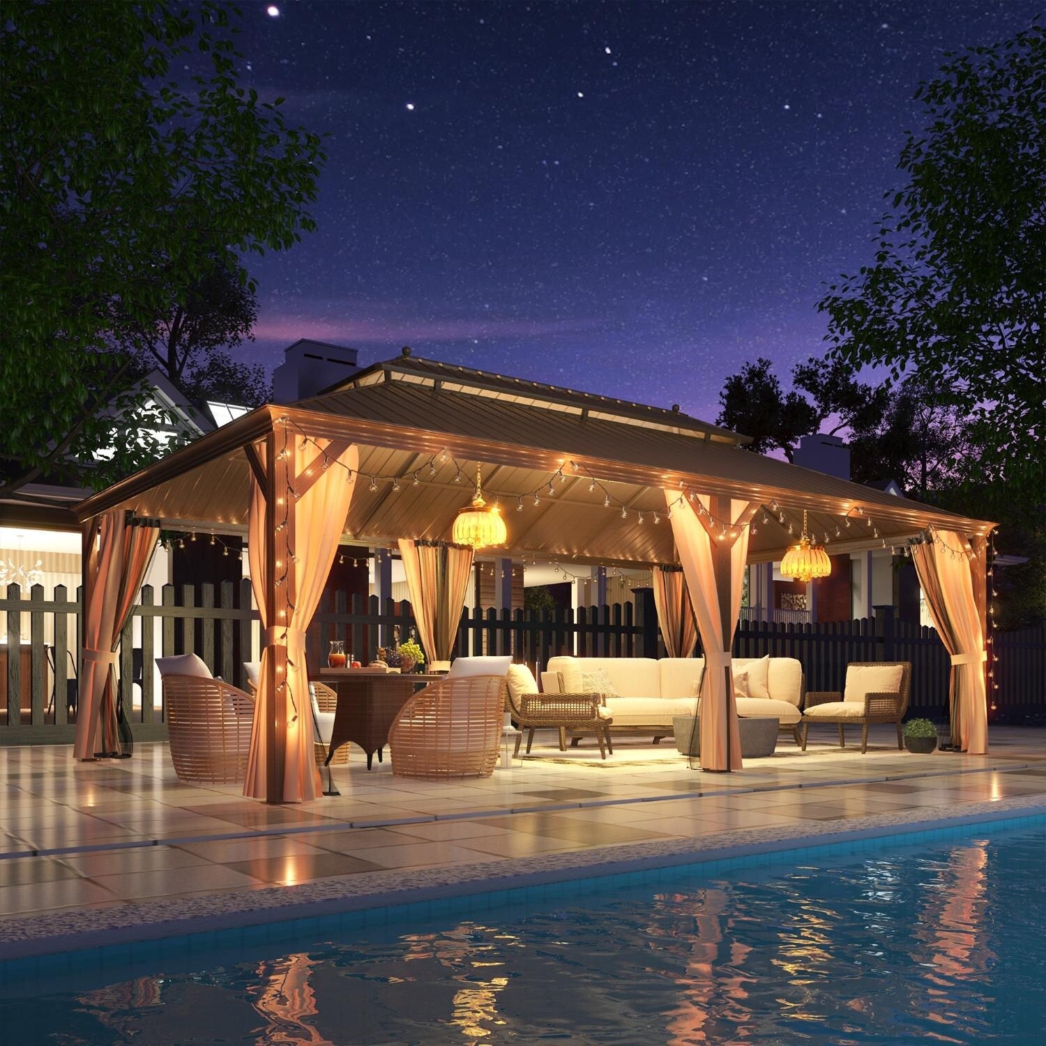 Outdoor Hardtop Gazebo with Galvanized Steel Double Roof & Aluminum Frame, Outdoor Pergola with Premium Curtains and Nettings