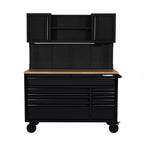 56 In. W X 27.6 In. D 10-Drawer Matte Black Heavy-Duty Mobile Workbench with Pegboard and Top Cabinets