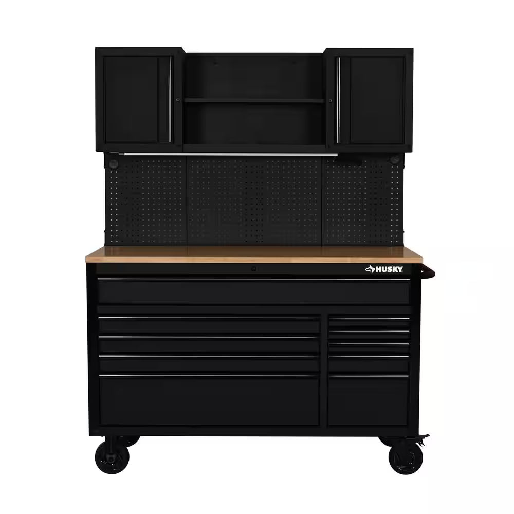 56 In. W X 27.6 In. D 10-Drawer Matte Black Heavy-Duty Mobile Workbench with Pegboard and Top Cabinets