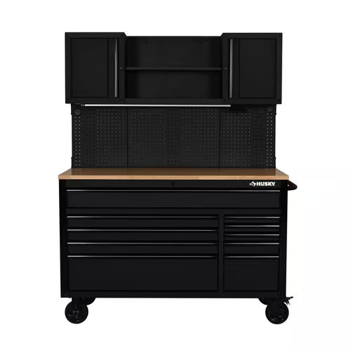 56 In. W X 27.6 In. D 10-Drawer Matte Black Heavy-Duty Mobile Workbench with Pegboard and Top Cabinets