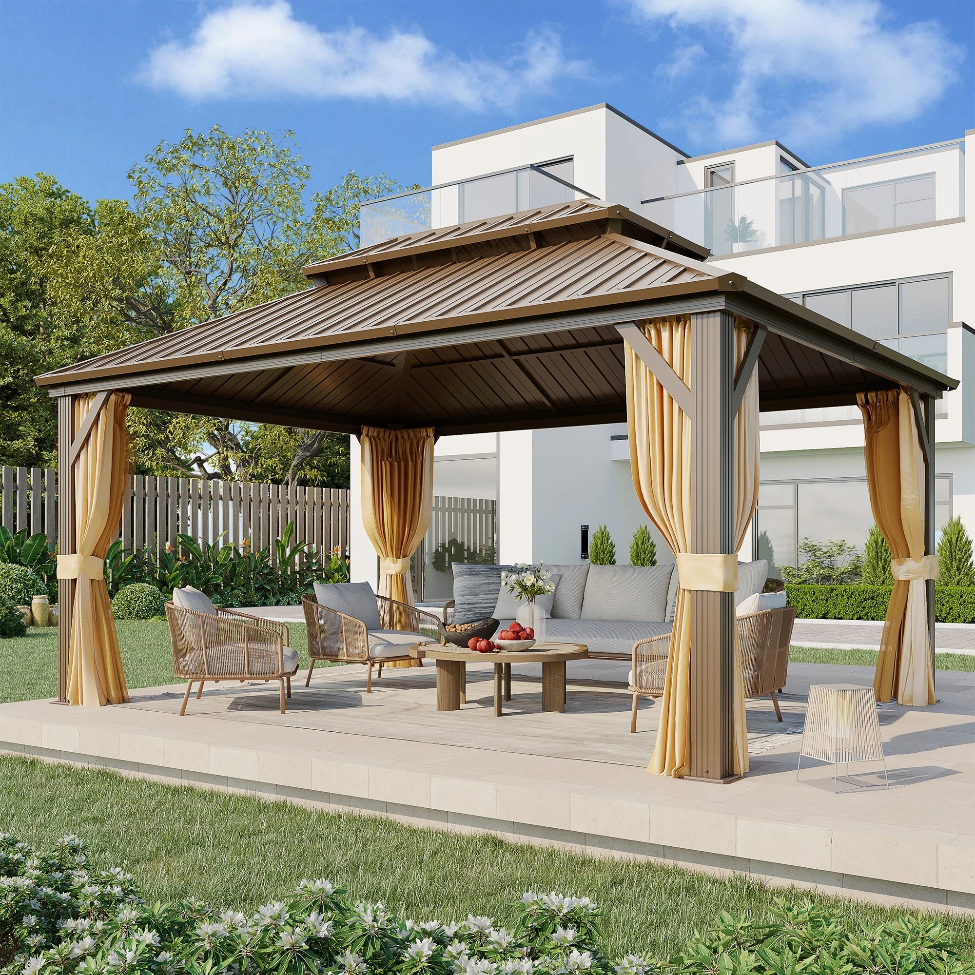 Outdoor Hardtop Gazebo with Galvanized Steel Double Roof & Aluminum Frame, Outdoor Pergola with Premium Curtains and Nettings
