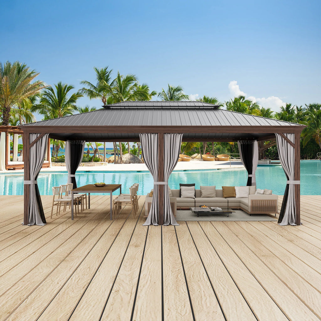 Outdoor Hardtop Gazebo with Galvanized Steel Double Roof & Aluminum Frame, Outdoor Pergola with Premium Curtains and Nettings