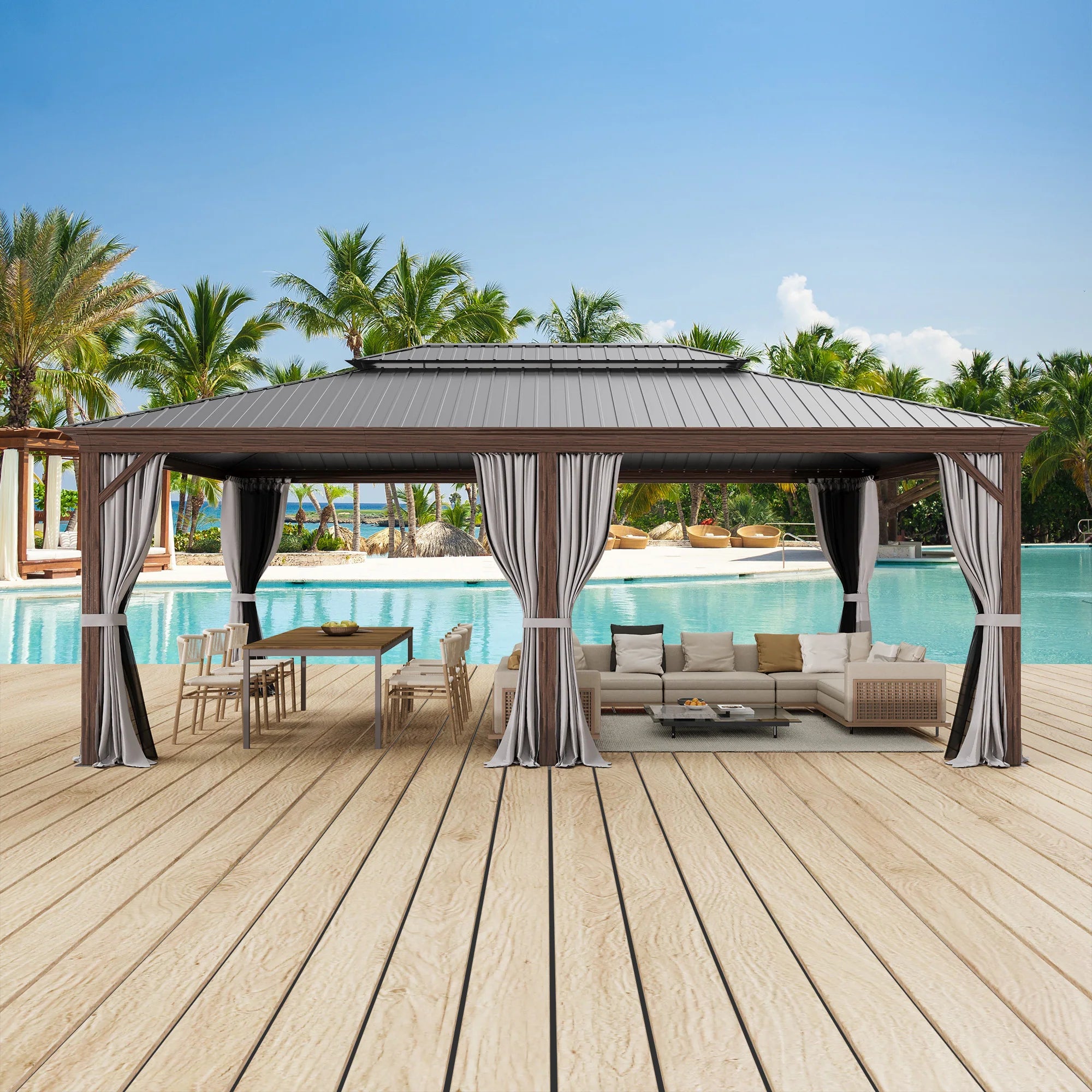 Outdoor Hardtop Gazebo with Galvanized Steel Double Roof & Aluminum Frame, Outdoor Pergola with Premium Curtains and Nettings