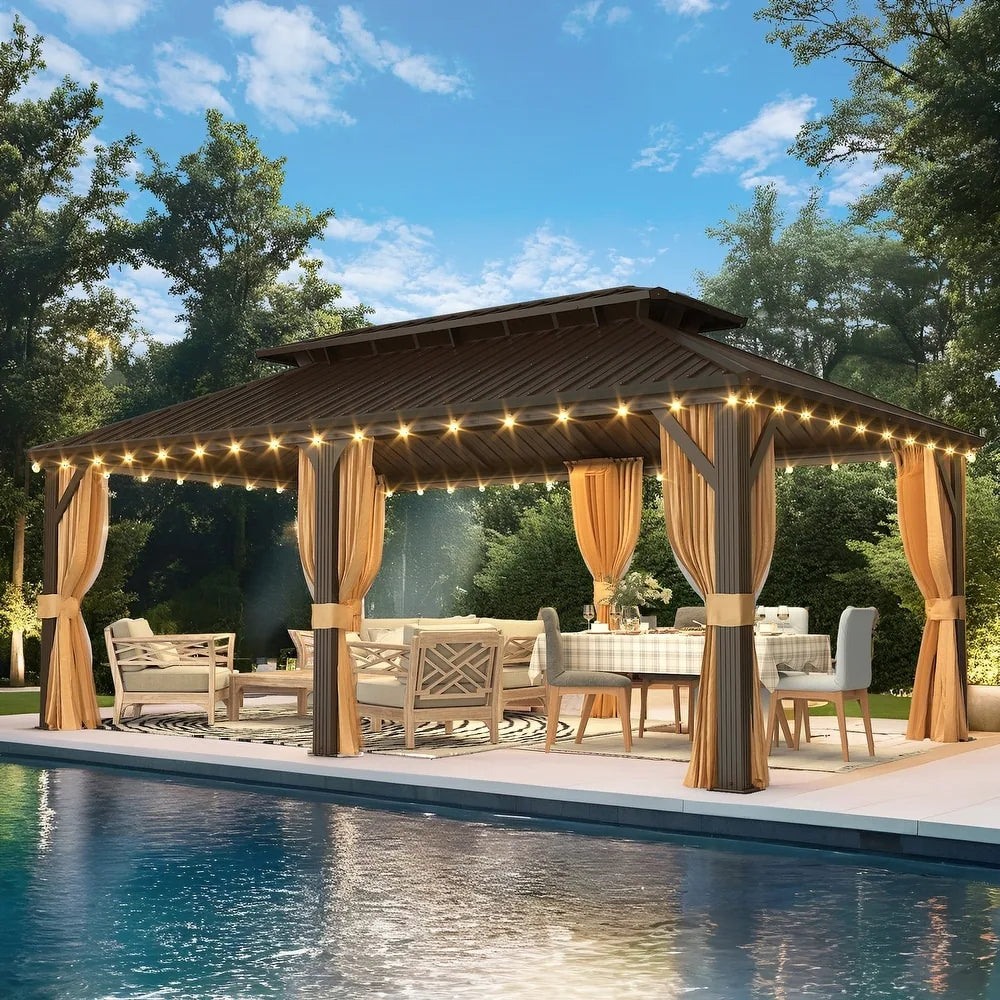 Outdoor Hardtop Gazebo with Galvanized Steel Double Roof & Aluminum Frame, Outdoor Pergola with Premium Curtains and Nettings