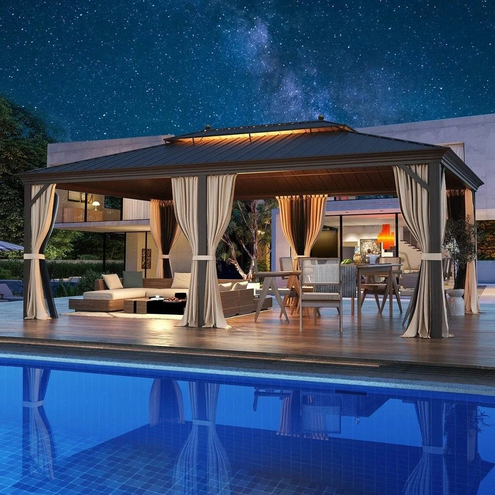Outdoor Hardtop Gazebo with Galvanized Steel Double Roof & Aluminum Frame, Outdoor Pergola with Premium Curtains and Nettings