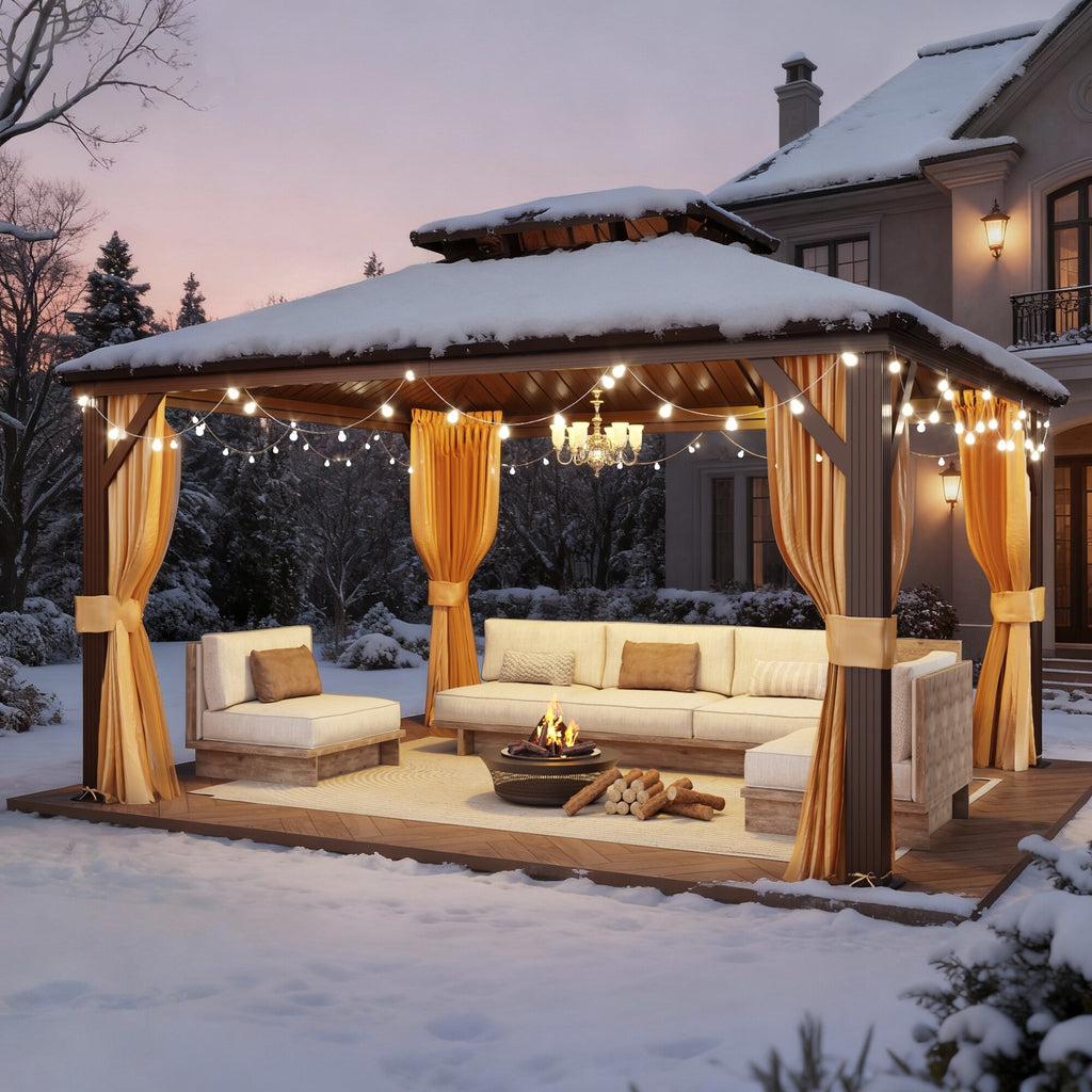 Outdoor Hardtop Gazebo with Galvanized Steel Double Roof & Aluminum Frame, Outdoor Pergola with Premium Curtains and Nettings