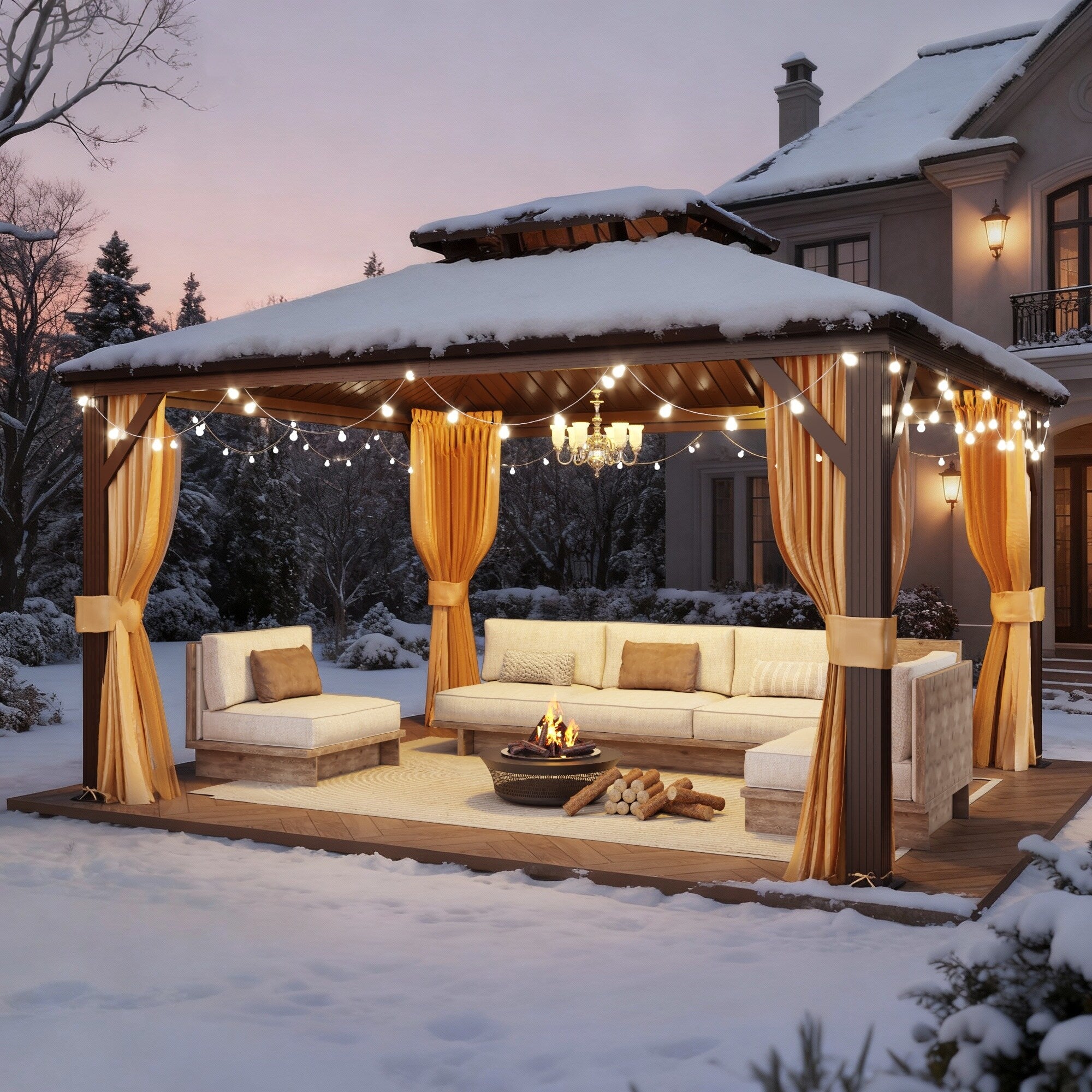 Outdoor Hardtop Gazebo with Galvanized Steel Double Roof & Aluminum Frame, Outdoor Pergola with Premium Curtains and Nettings