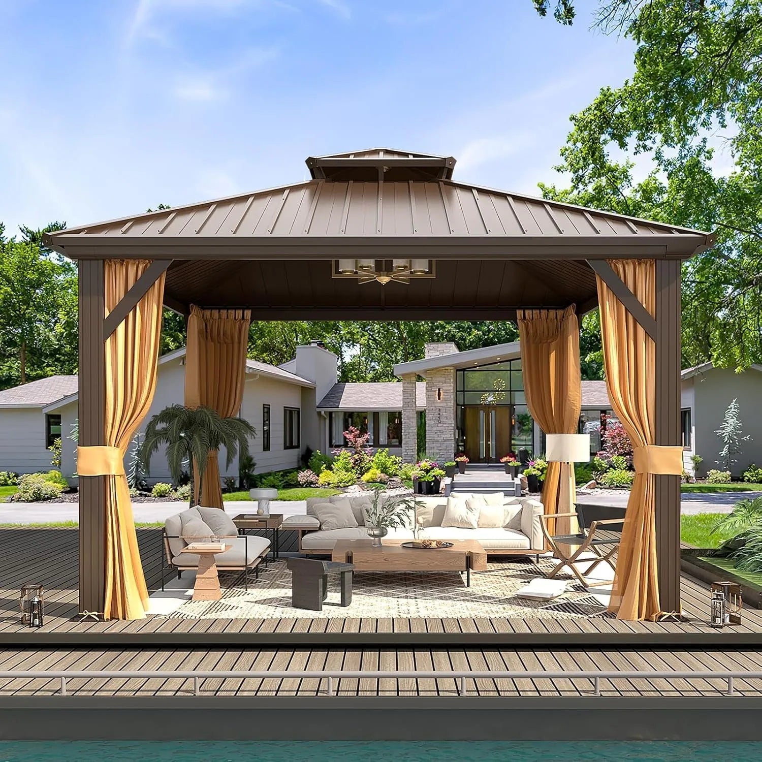 Outdoor Hardtop Gazebo with Galvanized Steel Double Roof & Aluminum Frame, Outdoor Pergola with Premium Curtains and Nettings