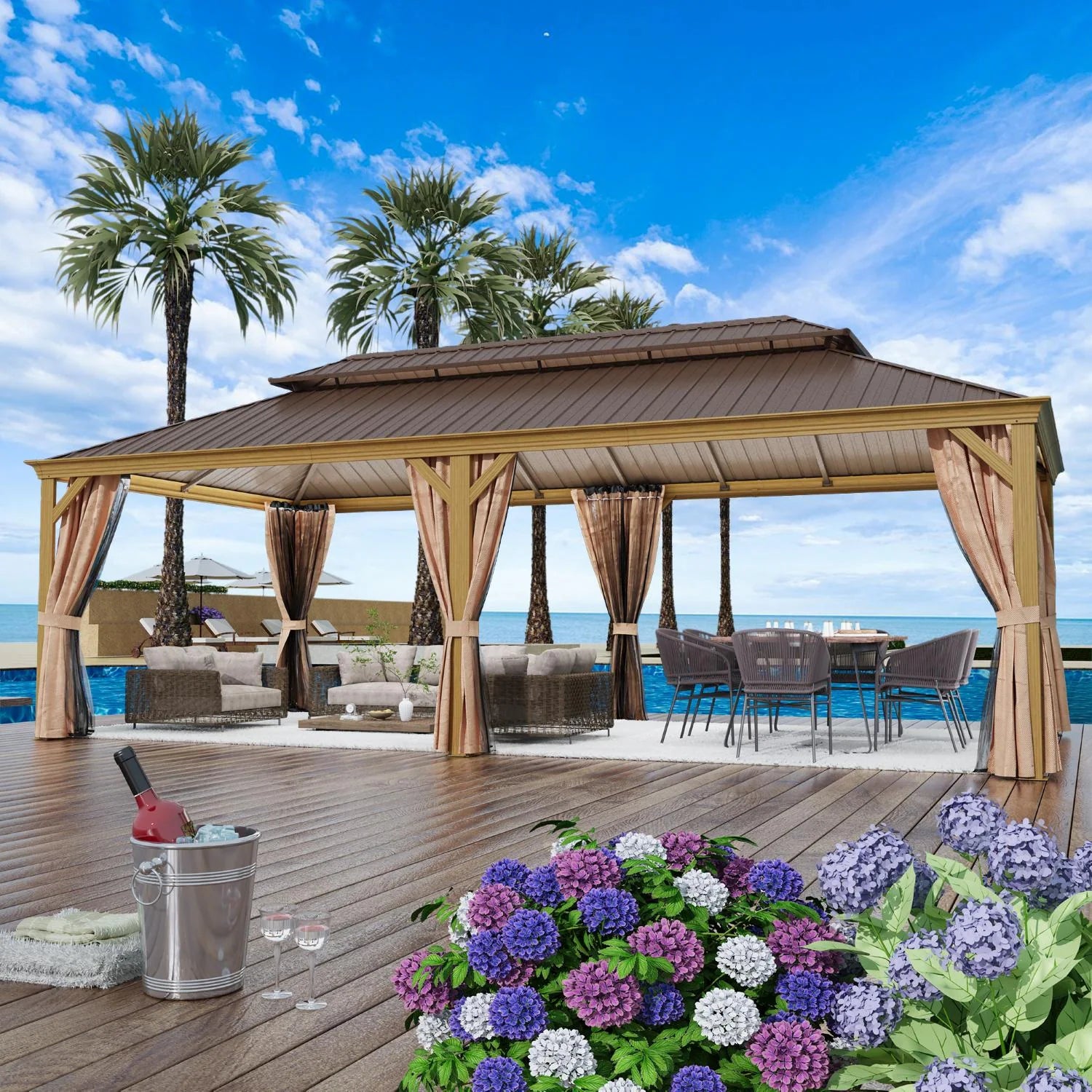 Outdoor Hardtop Gazebo with Galvanized Steel Double Roof & Aluminum Frame, Outdoor Pergola with Premium Curtains and Nettings