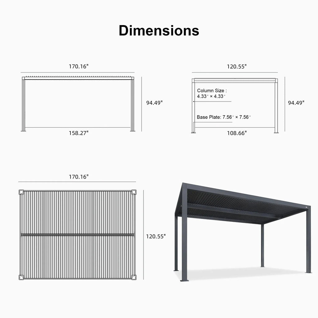Gray Louvered Pergola Outdoor Aluminum Pergola with Adjustable Roof for Patio Gray Hardtop Gazebo