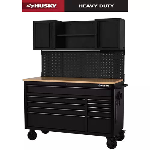 56 In. W X 27.6 In. D 10-Drawer Matte Black Heavy-Duty Mobile Workbench with Pegboard and Top Cabinets