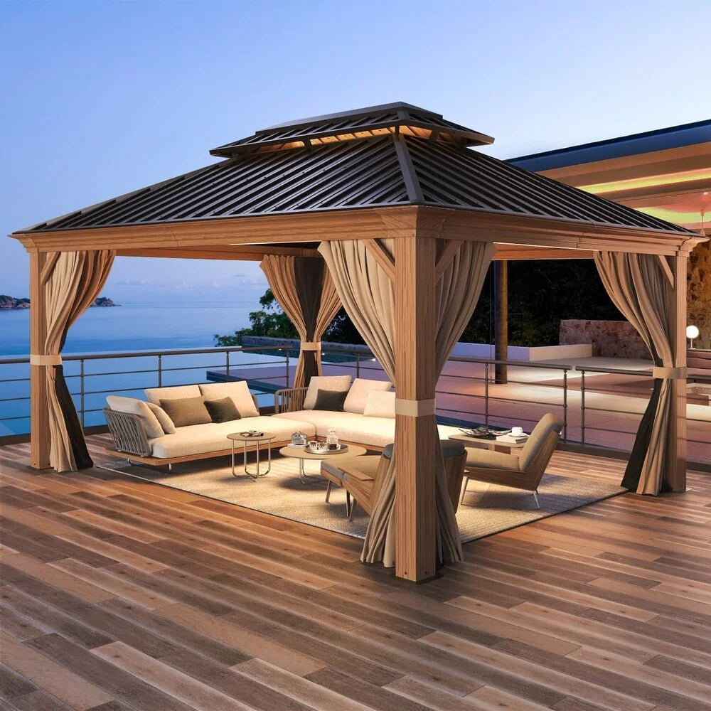 Outdoor Hardtop Gazebo with Galvanized Steel Double Roof & Aluminum Frame, Outdoor Pergola with Premium Curtains and Nettings