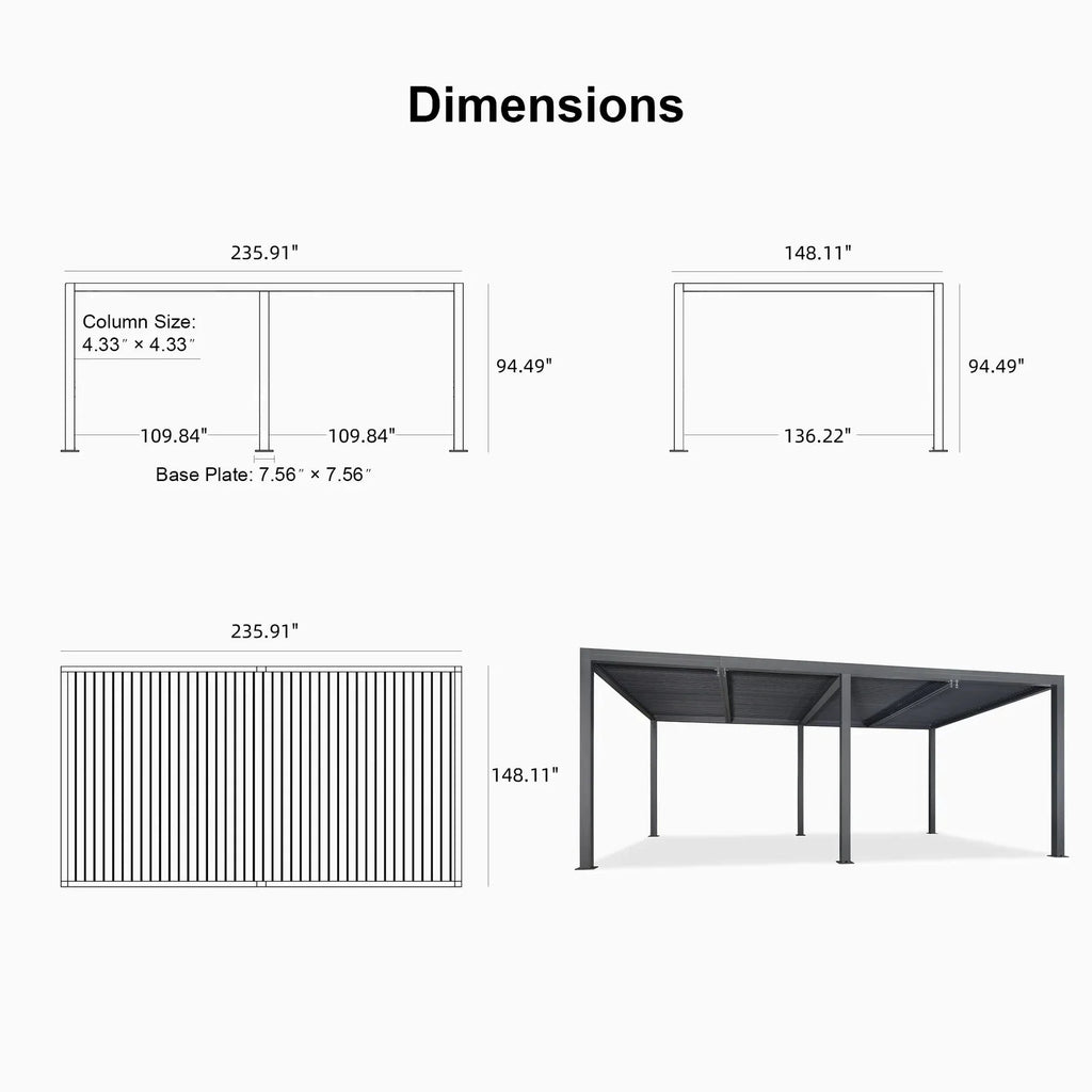 Gray Louvered Pergola Outdoor Aluminum Pergola with Adjustable Roof for Patio Gray Hardtop Gazebo