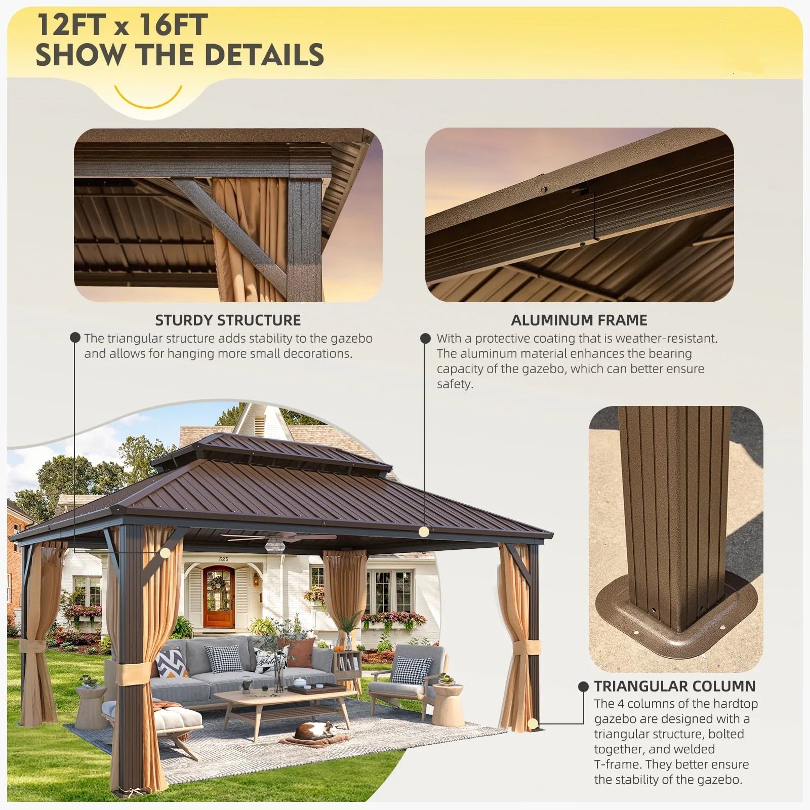 Outdoor Hardtop Gazebo with Galvanized Steel Double Roof & Aluminum Frame, Outdoor Pergola with Premium Curtains and Nettings