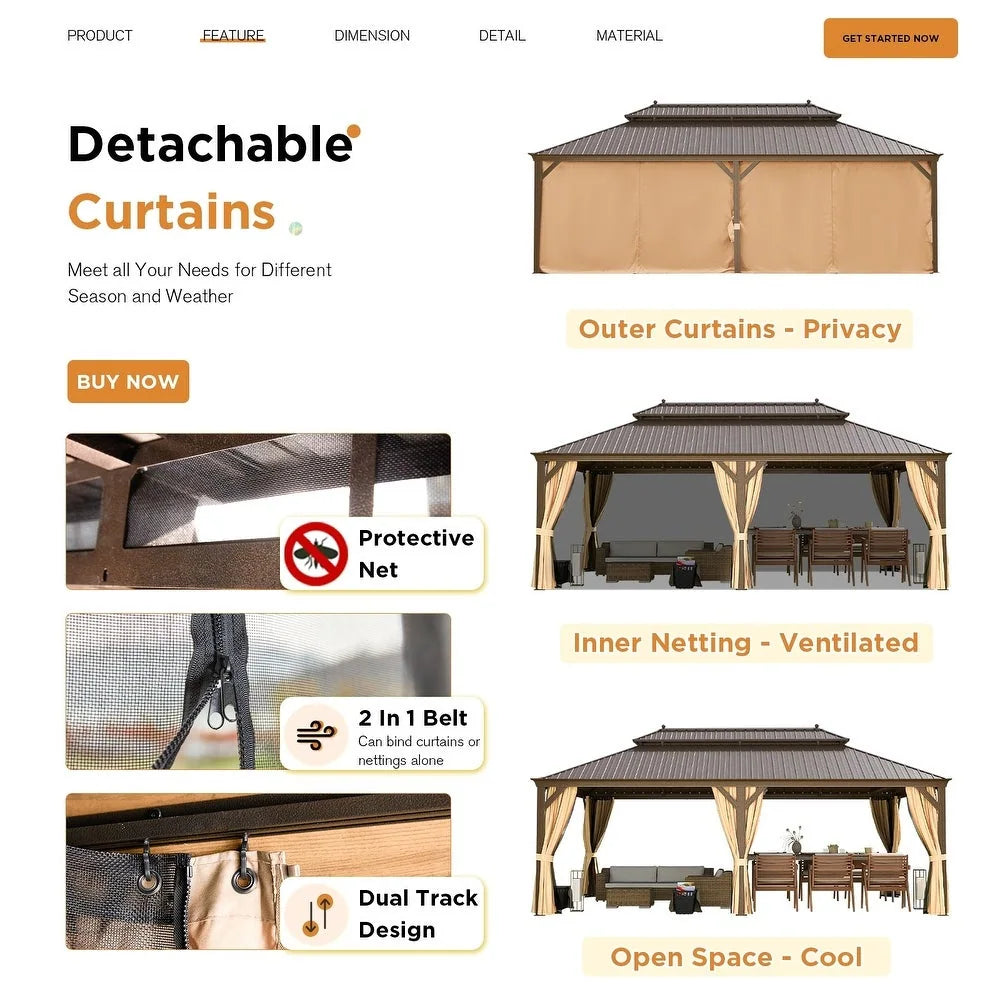 Outdoor Hardtop Gazebo with Galvanized Steel Double Roof & Aluminum Frame, Outdoor Pergola with Premium Curtains and Nettings