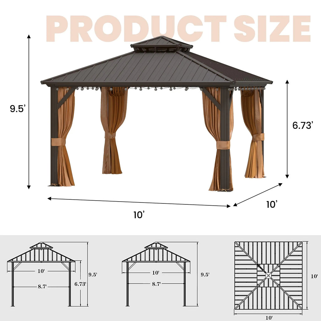 Outdoor Hardtop Gazebo with Galvanized Steel Double Roof & Aluminum Frame, Outdoor Pergola with Premium Curtains and Nettings
