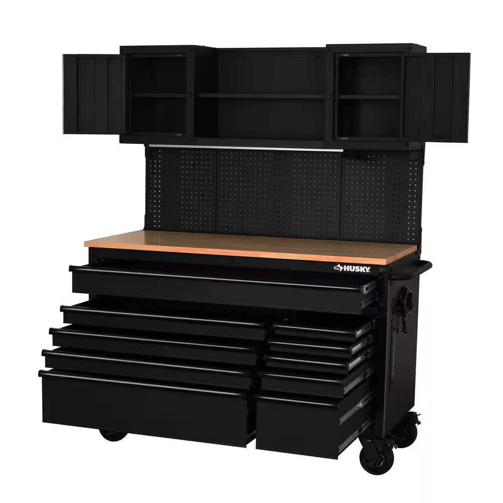 56 In. W X 27.6 In. D 10-Drawer Matte Black Heavy-Duty Mobile Workbench with Pegboard and Top Cabinets