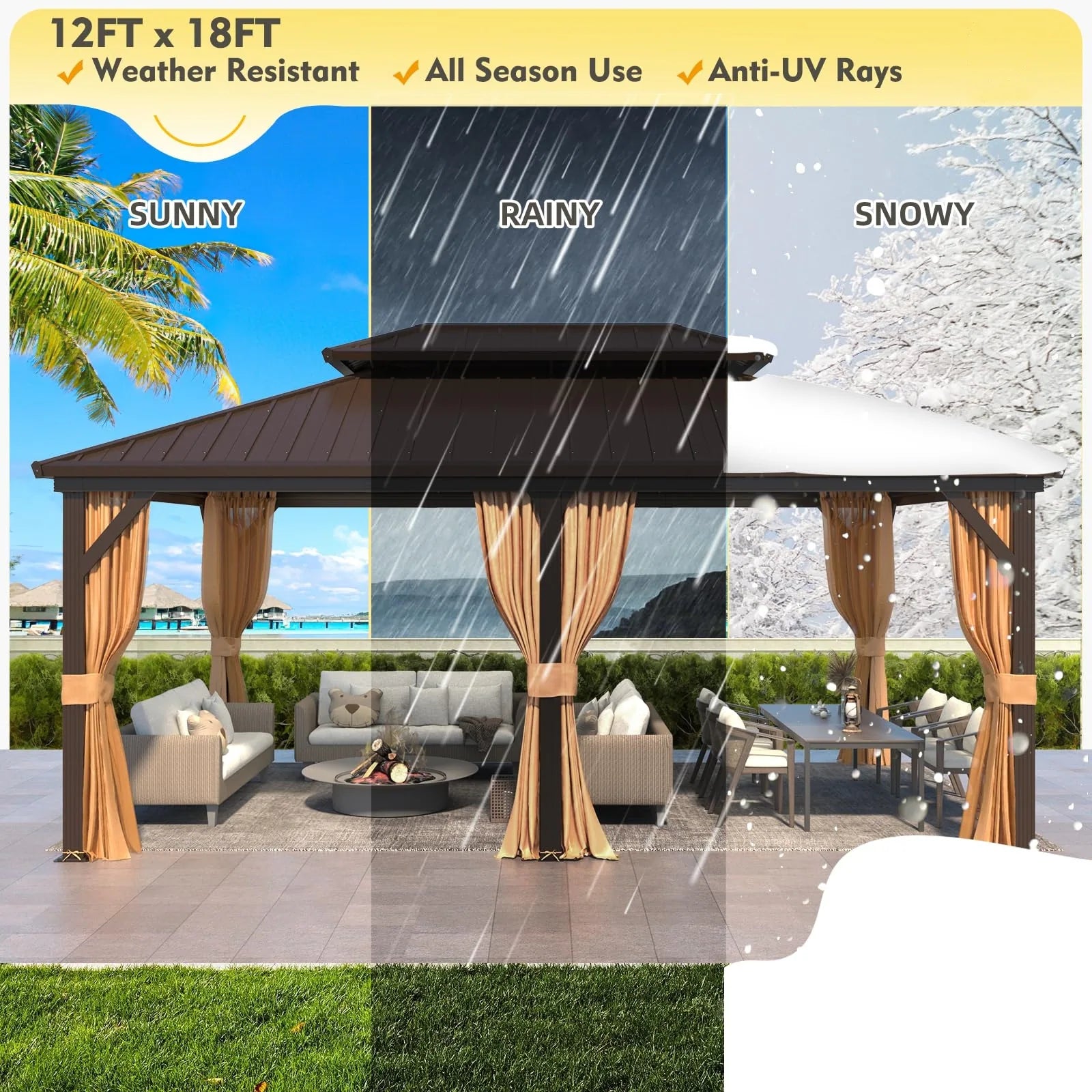Outdoor Hardtop Gazebo with Galvanized Steel Double Roof & Aluminum Frame, Outdoor Pergola with Premium Curtains and Nettings
