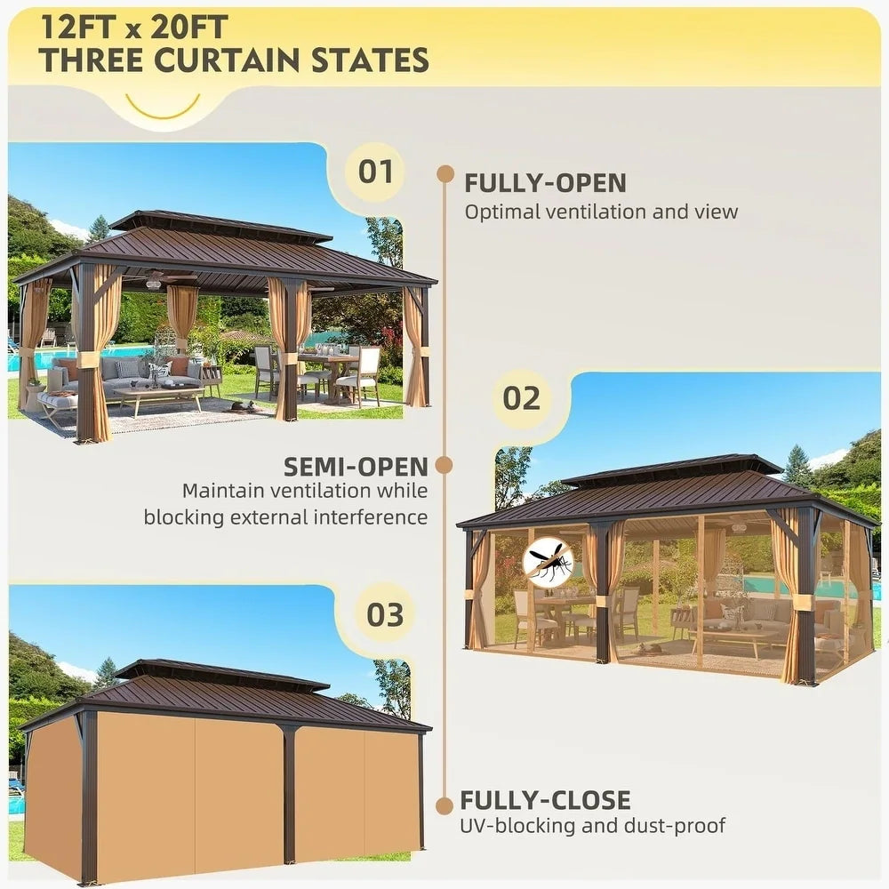 Outdoor Hardtop Gazebo with Galvanized Steel Double Roof & Aluminum Frame, Outdoor Pergola with Premium Curtains and Nettings
