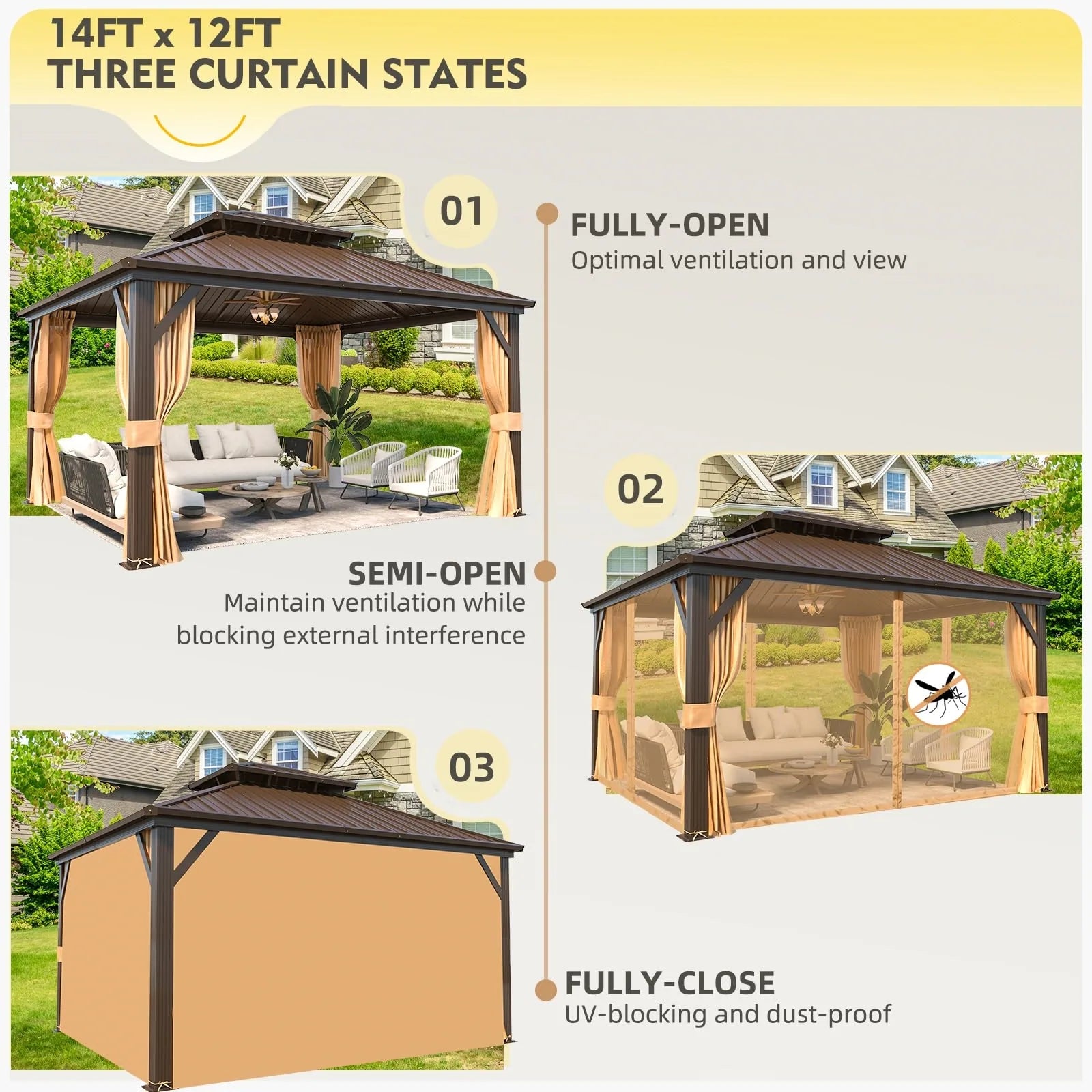 Outdoor Hardtop Gazebo with Galvanized Steel Double Roof & Aluminum Frame, Outdoor Pergola with Premium Curtains and Nettings