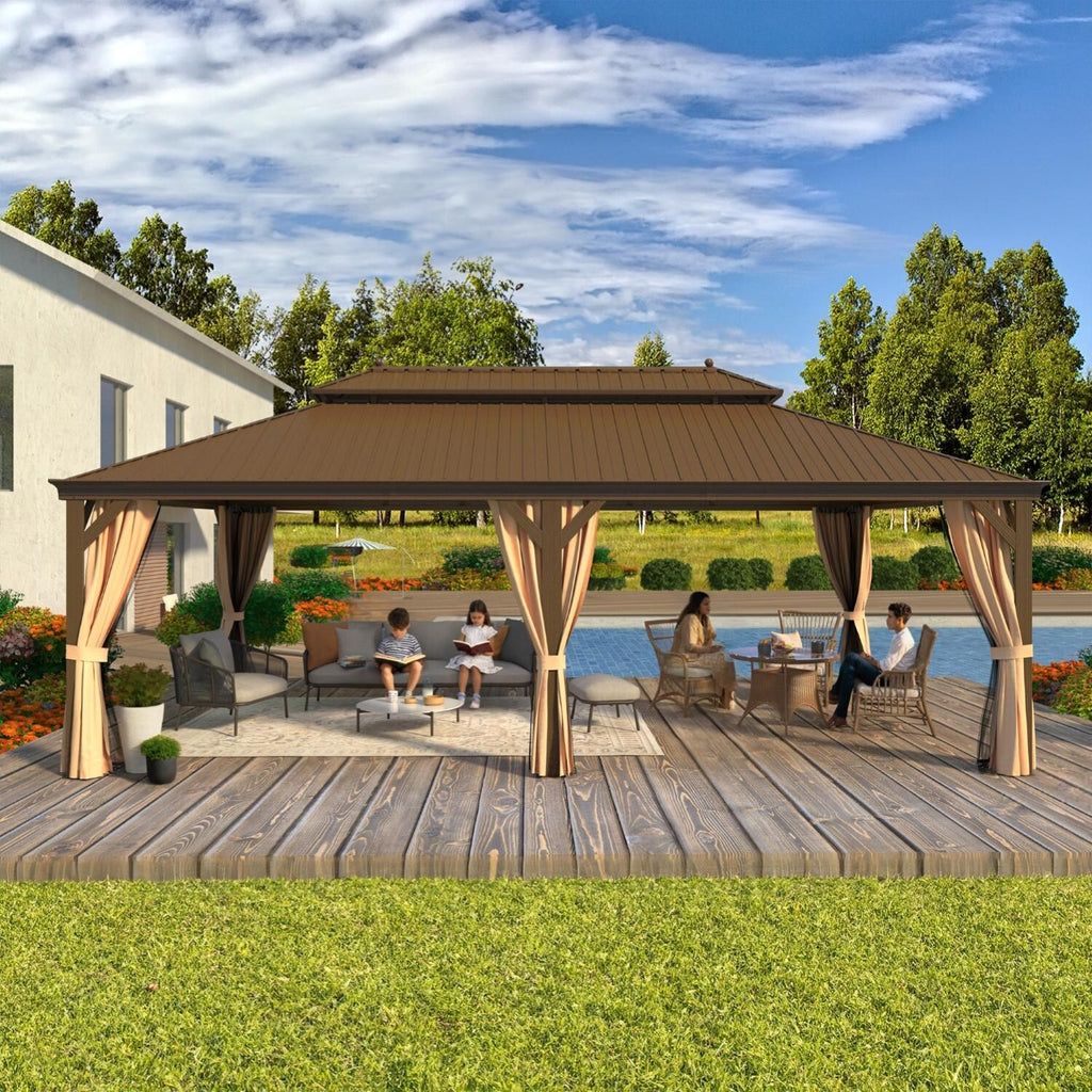 Outdoor Hardtop Gazebo with Galvanized Steel Double Roof & Aluminum Frame, Outdoor Pergola with Premium Curtains and Nettings